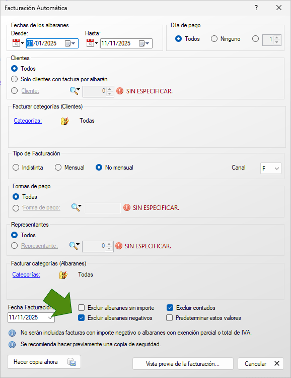 Albaranes negativos en facuración automática.