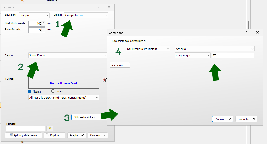 Secuencia para añadir un subtotal en el diseñador de impresos. El código de artículo ST es un ejemplo.